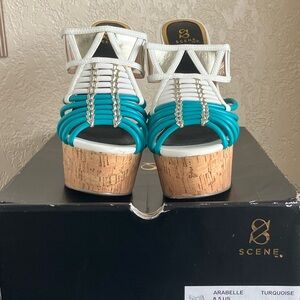 Scene Weaver Arabelle Turquoise & White Cork Platform Sandals